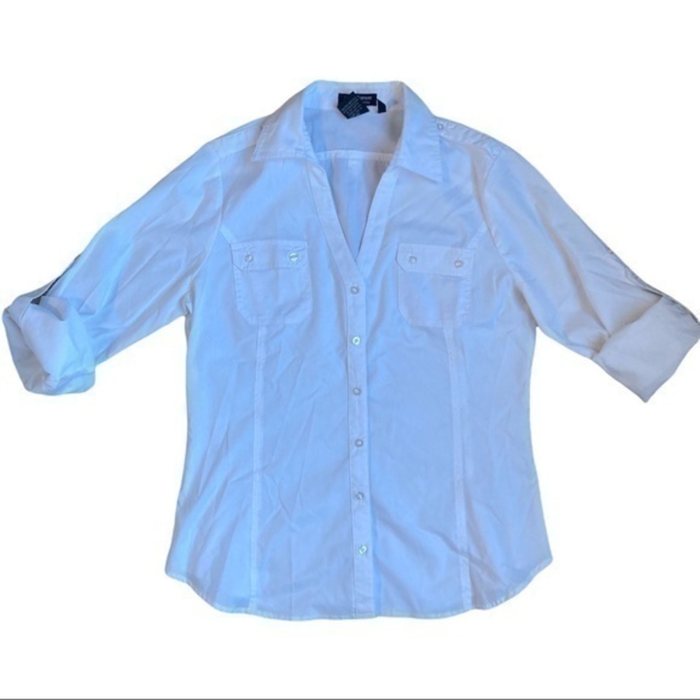 Cotton Express missy size Large with stretch white collared v cut button down